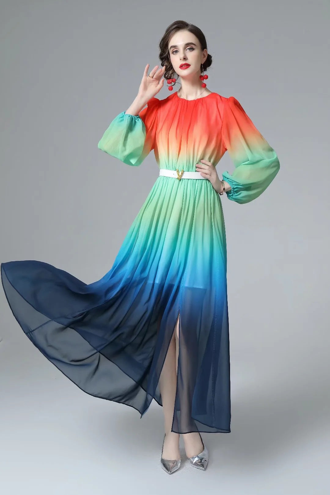 Spring And Summer New Women's Round Neck Lantern Long Sleeve Gradient Sexy Slit Dress