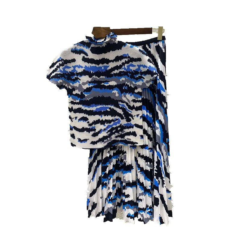 Printing Pleated Set Women Summer Elastic Slimming Stand Collar Short Sleeve T-shirt Top Long Skirt Fashion