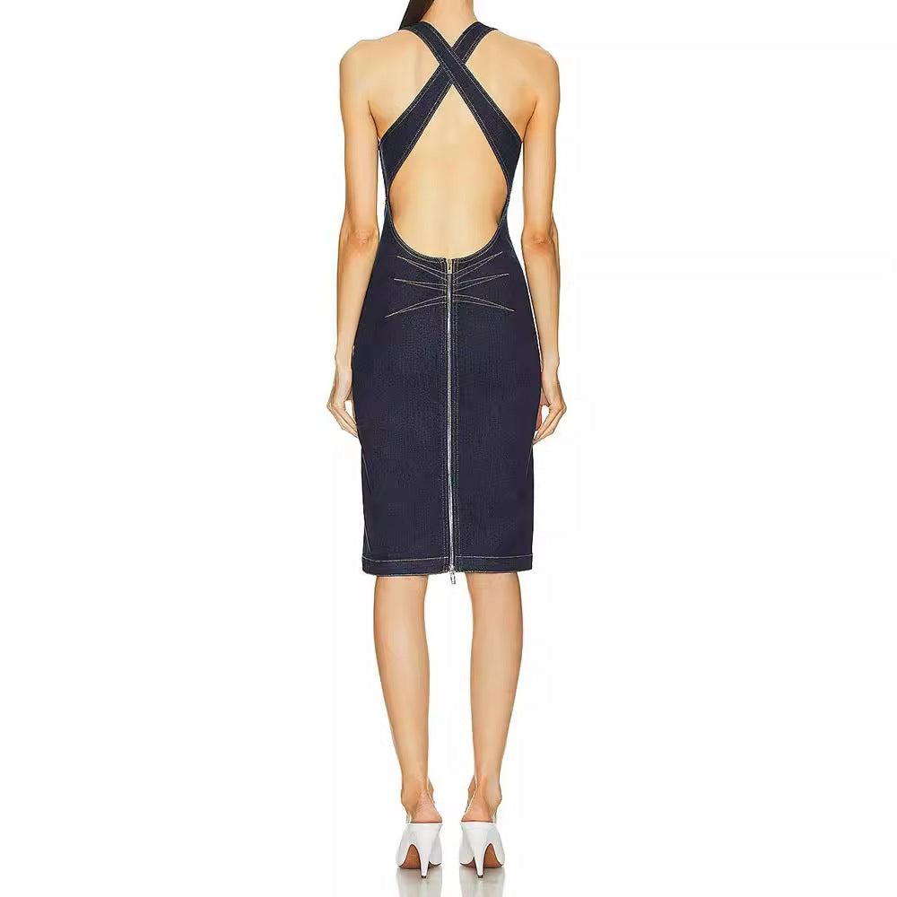 Backless slim fit denim dress for women in summer, with a sense of high-end design and spicy girl temperament skirt