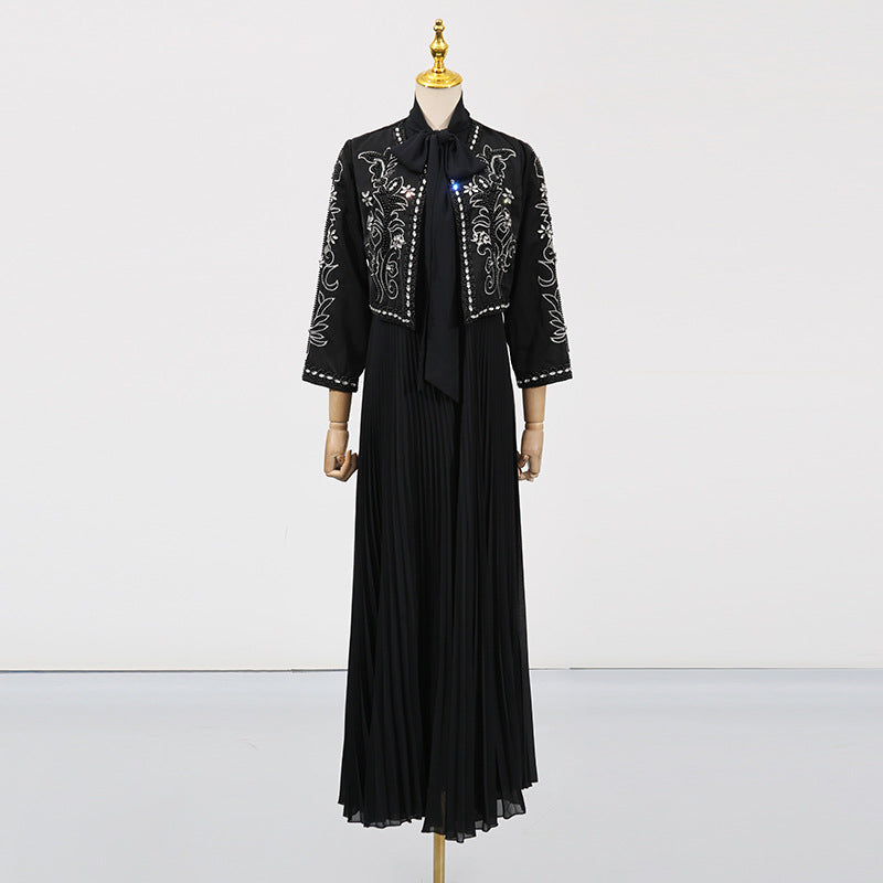 Style Heavy Embroidery Splicing Short Jacket + Pleated High Waist Skirt Set for Women