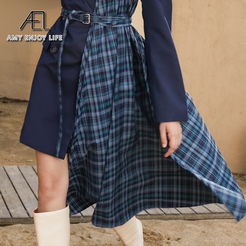 Autumn And Winter Slimming Waistband Splicing A-Line Dress Female New V-Neck Suit Skirt