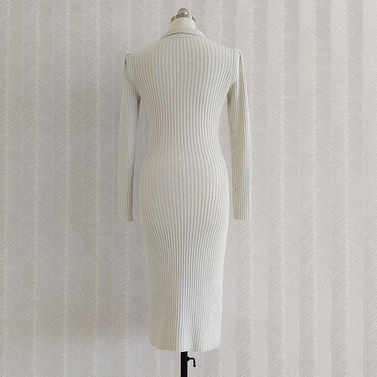 Lace-Up Crystal Breast Lapel Long Sleeve Knitted Long Slim Fit Solid Color Dress