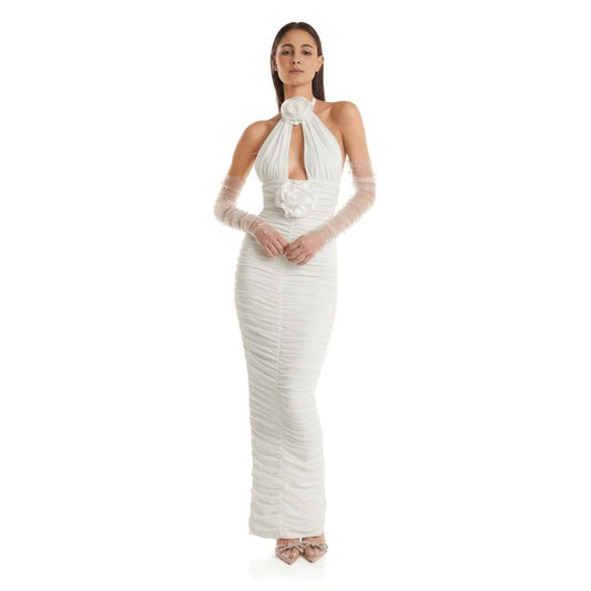 Fashionable white neck hanging, backless, tight fitting flower decoration, long bandage wrapped hip dress