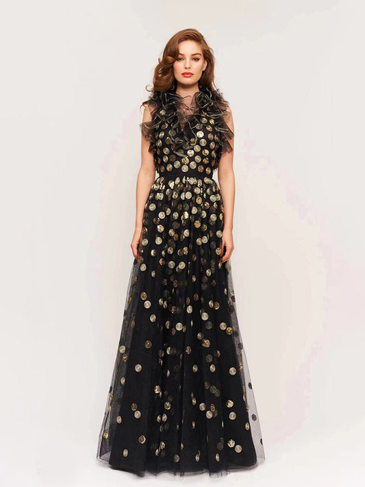 Backless Black Evening Dress Women V Neck Sleeveless Ruffles Sequins Dress Summer New Trendy