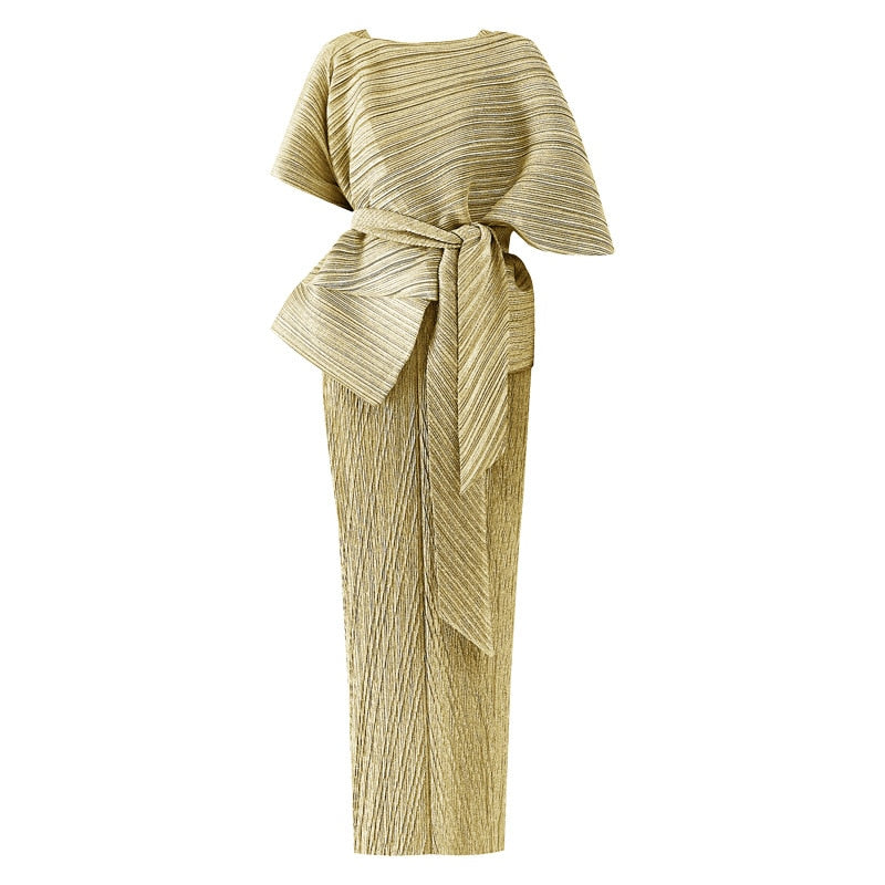 Pleated Dress Women's Two Piece Sling High Waist Lacing Elegant Ankel Length Banquet Formal New Summer Fashion