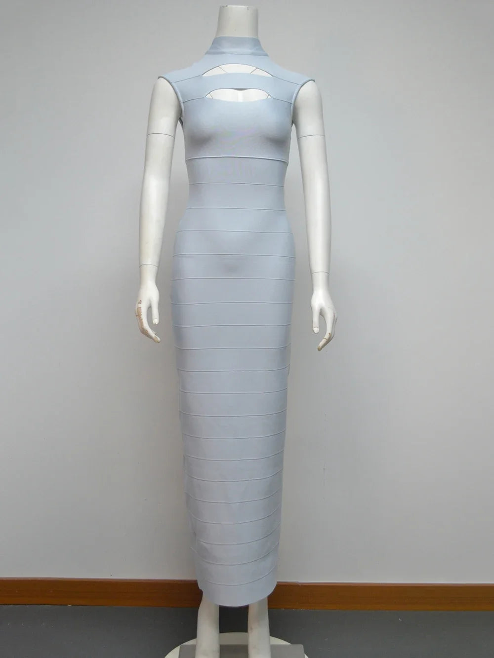 Grey Bandage Dress Women's Sleeveless Stand Collar Hollow Bodycon Celebrity Party Club Maxi Dress Vestidos