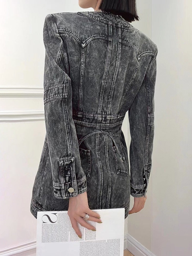 Denim Slim Dress For Women V Neck Long Sleeve High Waist Solid Mini Dresses Female Autumn Clothing Style New