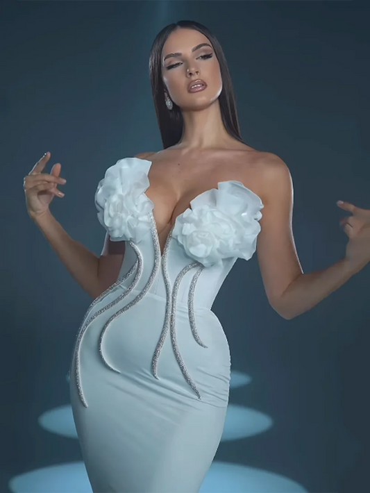 Flower chain strapless long evening dress