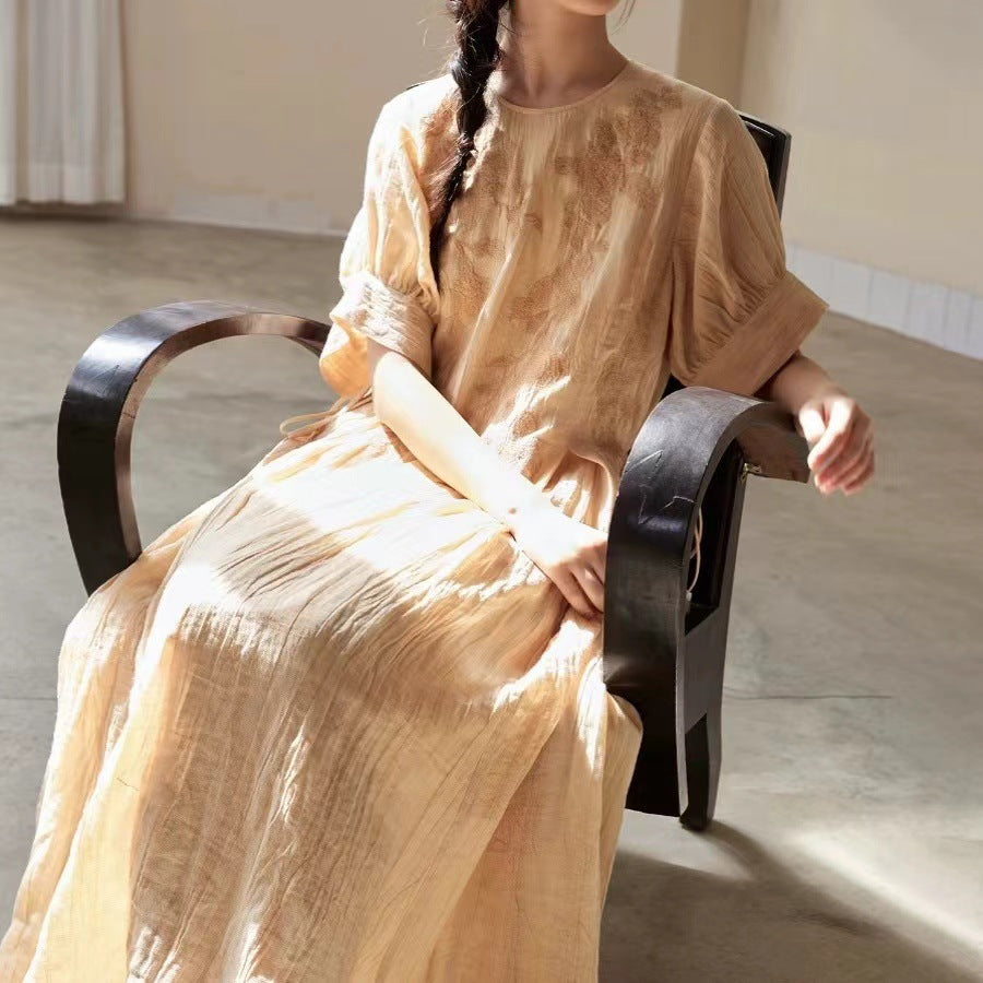 Loose Tie-Up Dress with Hand-Painted Embroidery, Linen Rayon Blend