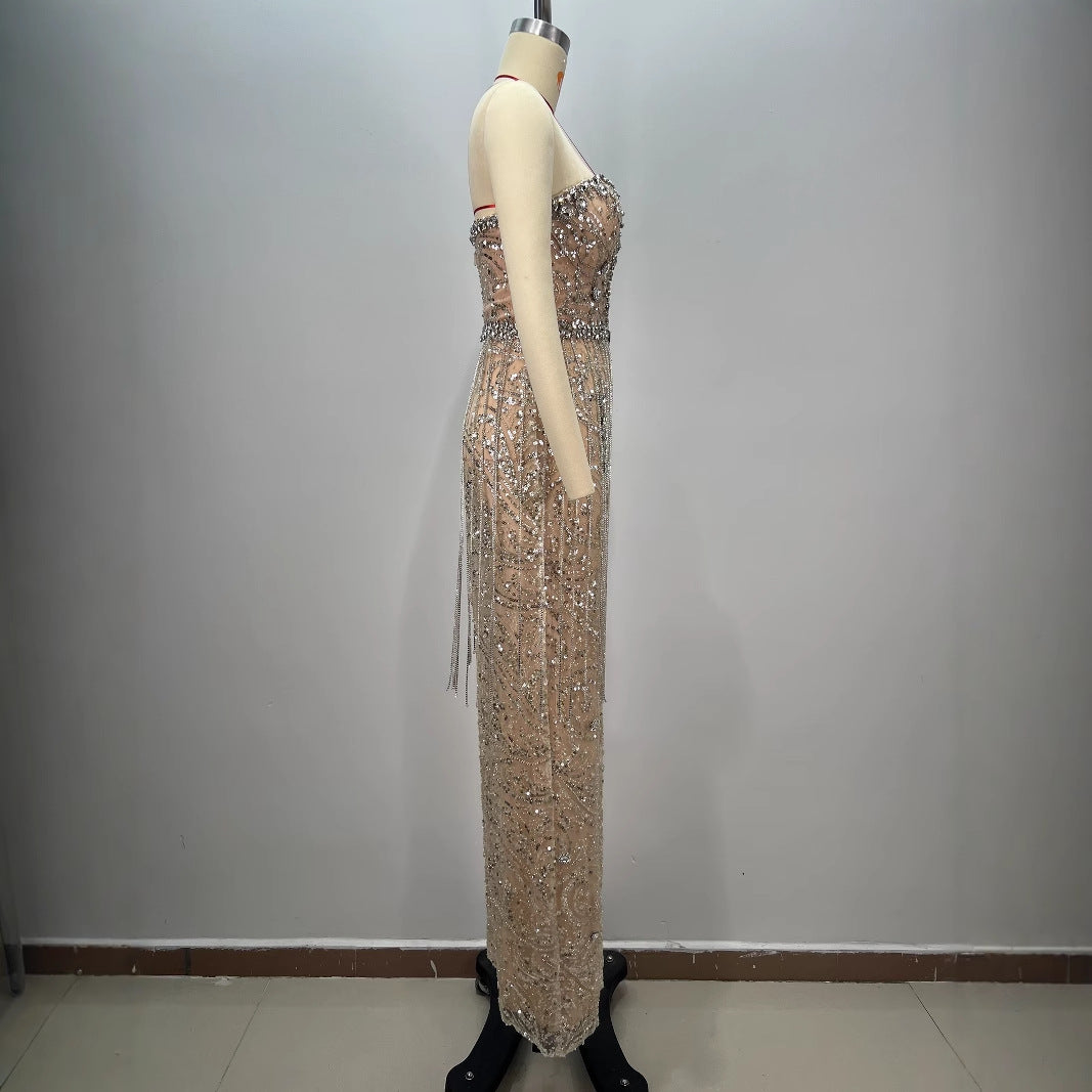 Sexy Shiny Rhinestone Sequin Strapless Dress  Female Singers Gogo Performance Party Evening Gown