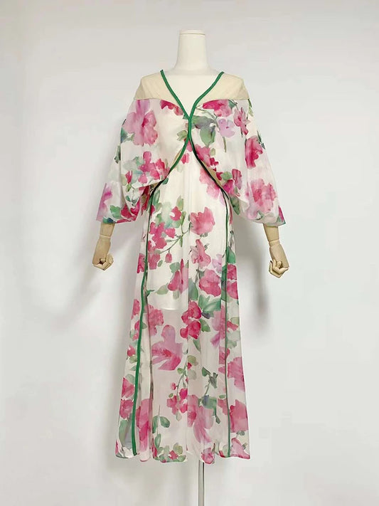 Hit Color Floral Printing Loose Casual Dress For Women V Neck Long Sleeve High Waist Split Loose Dresses Female Fashion New