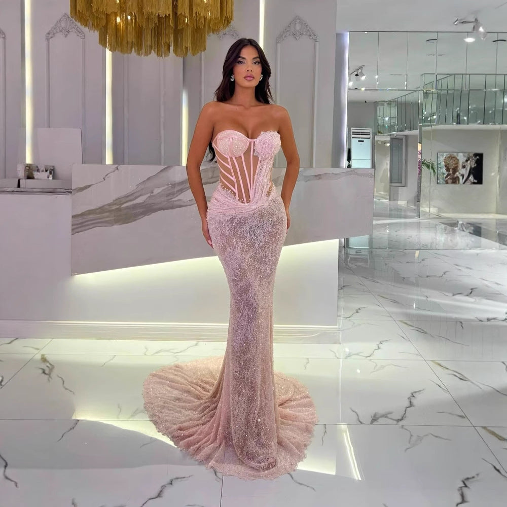 High-quality Fashion Backless One-Shoulder Tube Top Boned Design Beaded Sequined Casual Long Party Dress