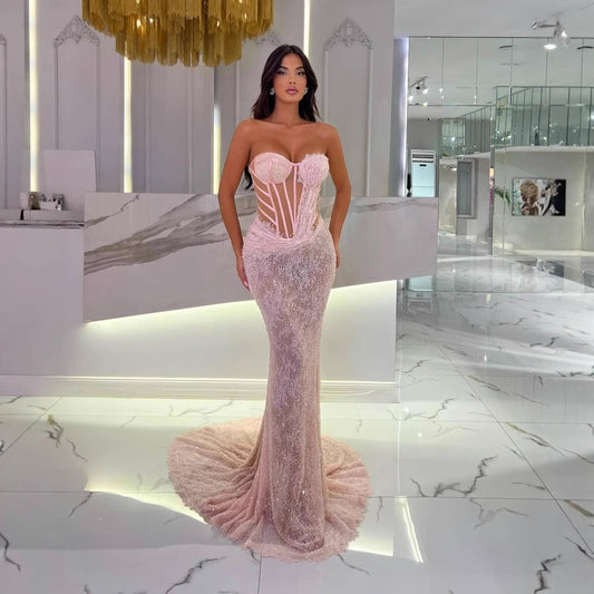 High-quality Fashion Backless One-Shoulder Tube Top Boned Design Beaded Sequined Casual Long Party Dress