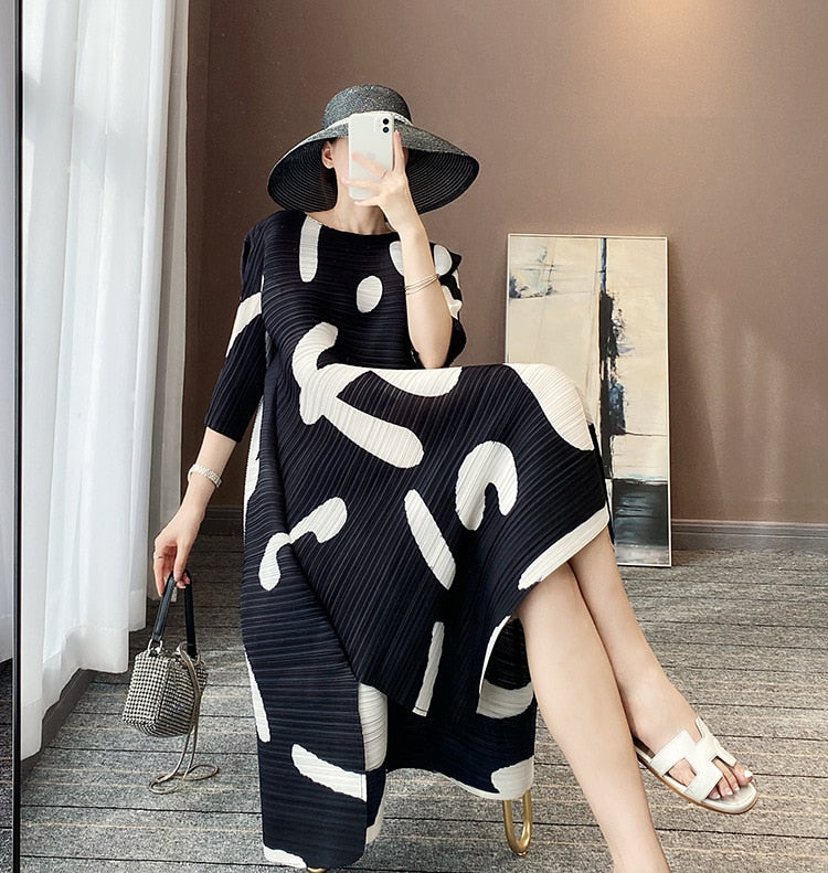 Pleated Dress Horizontal Pleated Elastic Print Loose Large Size Cover Belly All-Match Bottoming Skirt