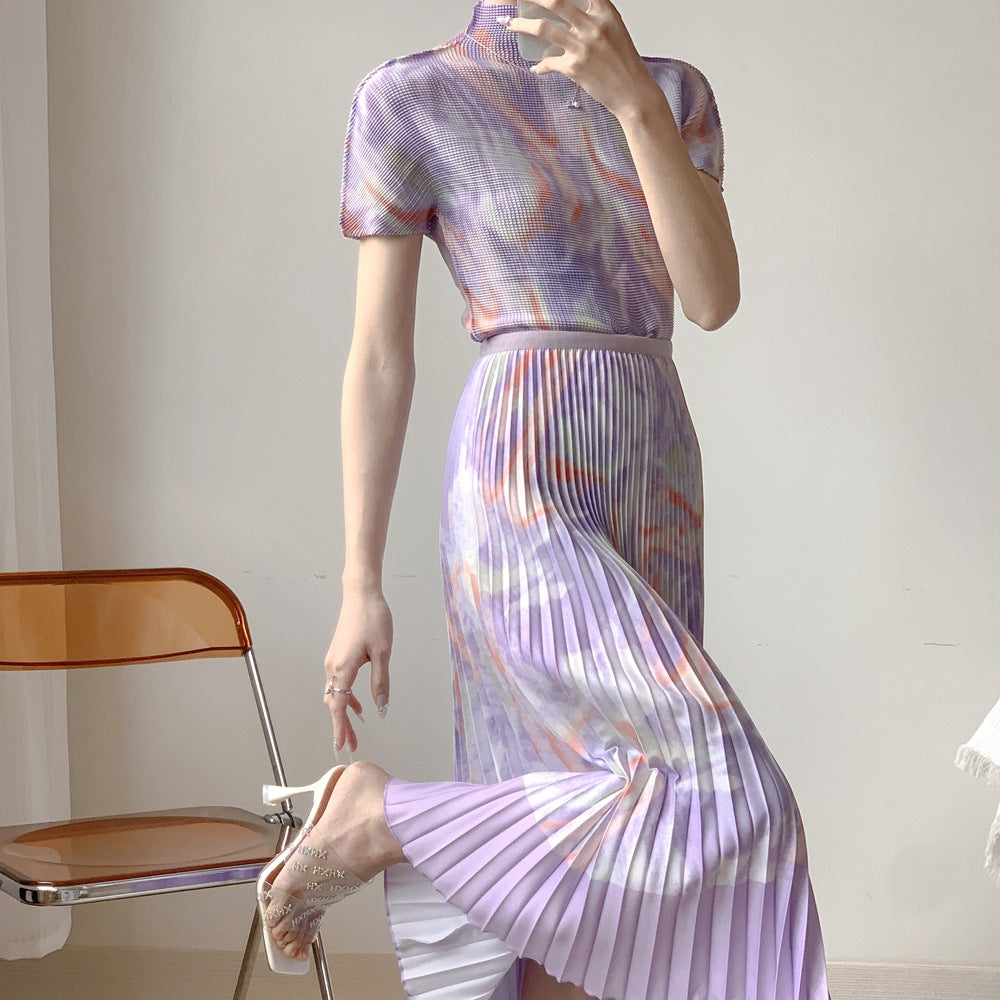 Fashion Print Pleated 2 Pieces Set Women's Round Neck Long Sleeves Slim Top High Waist Spliced Female Clothes