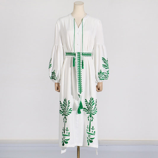 Literary retro style waist slimming lantern sleeve long dress printed lace-up long dress