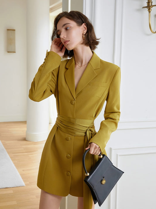 Eprolo women's yellow belted blazer dress with lapel, long sleeves, loose fit, suitable for spring and autumn fashion.
