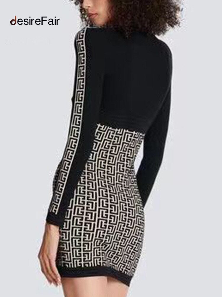 DesireFair Trendy Women Slim Casual Sexy Wind V-Neck Long-Sleeved Jacquard Zipper High Waist Splicing Tight Dresses