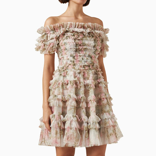 Elegant temperament, high waisted, one line collar, sweet and fresh printed short dress for women