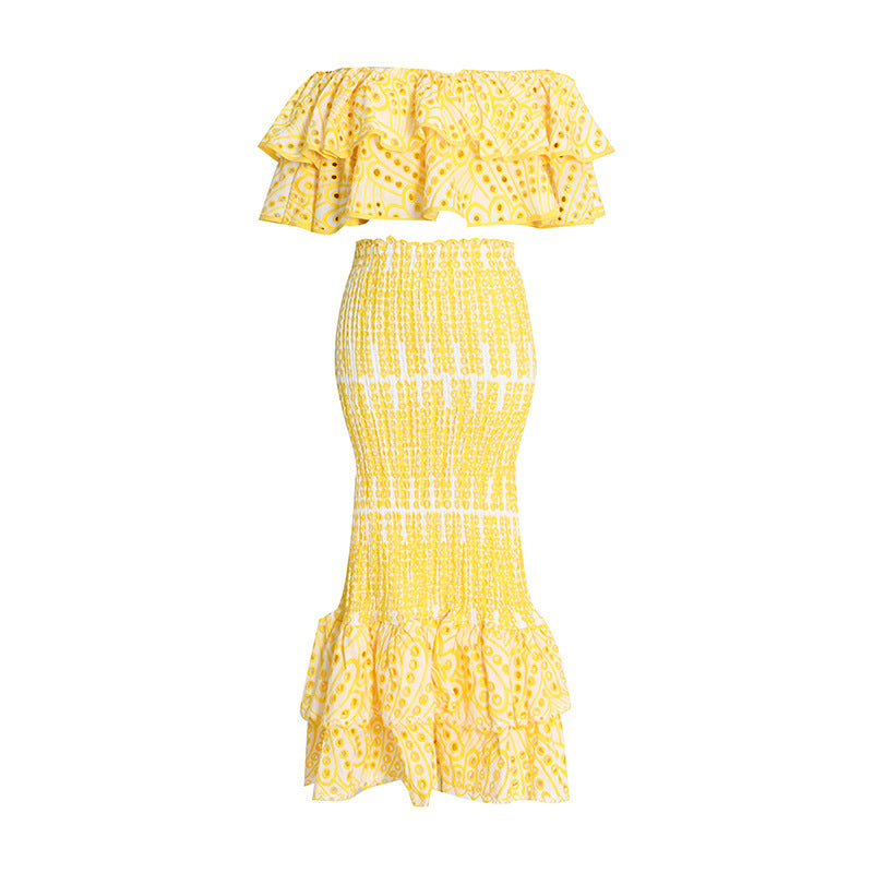 Beach Vacation Style Fashion Casual Set Women Ruffle Irregular Blouse + High Waist Mermaid Skirt Set