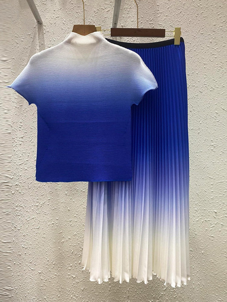 New Pleated Temperament One Size Gradient Color Super Elastic All-Match Top Skirt Waist Large Size Suit
