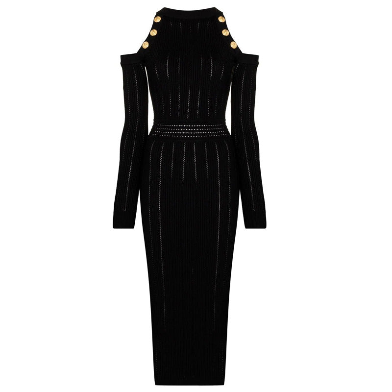 Spring And Autumn Irregular Hollow Out Sexy Round Neck Knitted Dress Knee Length Dress