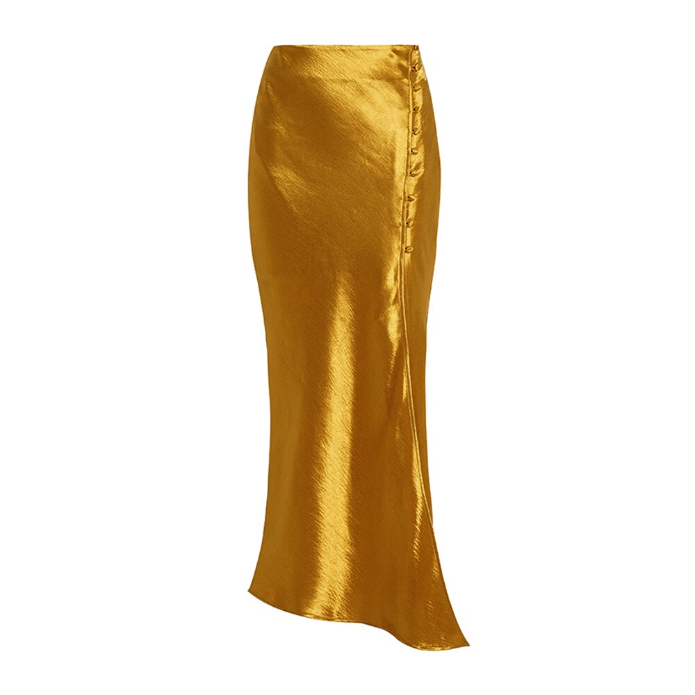 AEL Asymmetric High Split Skirt Woman Long Satin Skirt Sexy Wrap Hip Summer Femme Midiskirt High Waist Golden