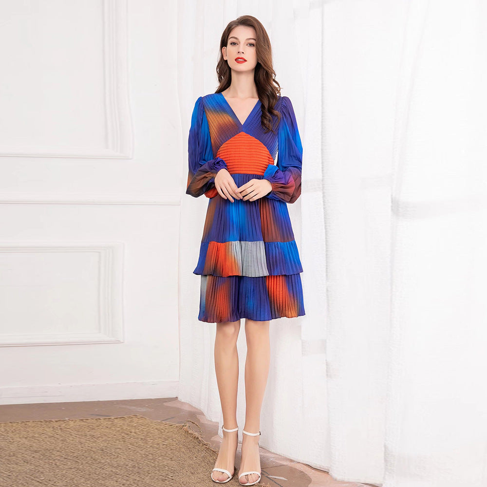 Women's Skirts V-Neck Pleated Gradient Print Long Sleeve Ruffle Dress