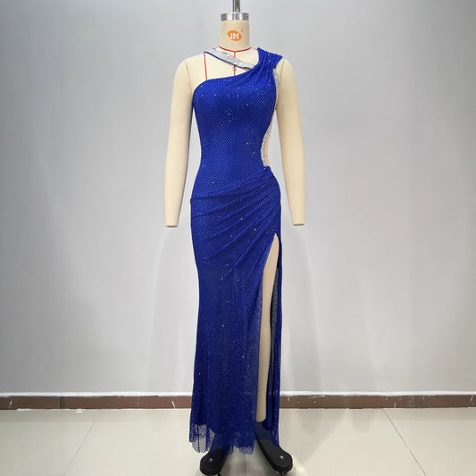 Fashion Backless One-Shoulder Rhinestone Decorated Fitted Sleeveless Pleated Slit Long Bodycon Dress for Women