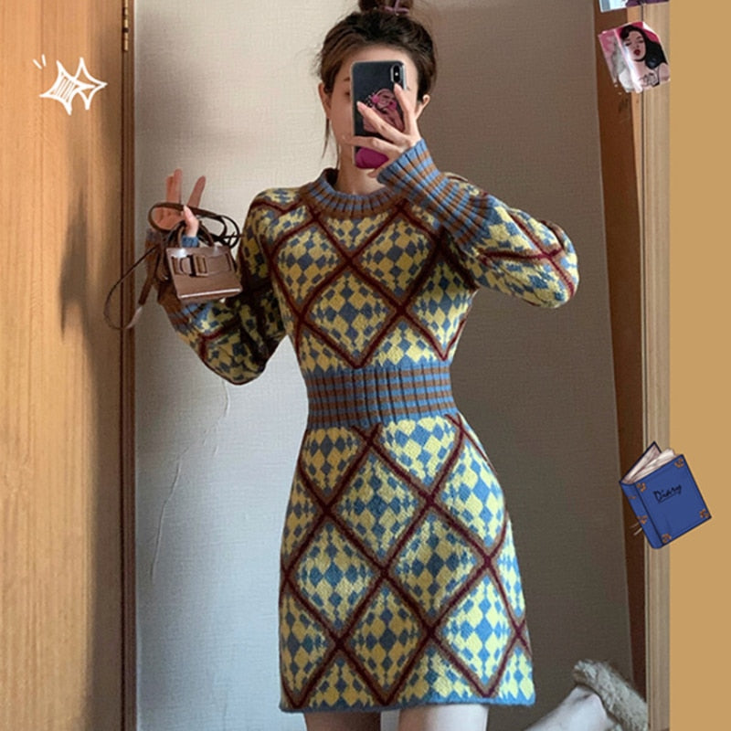 New Women's Waist and Thin Temperament Bottoming with New Year's Thick Sweater Skirt Knitted Dress Autumn and Winter O-Neck