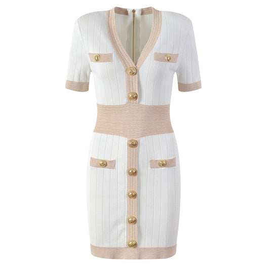 Gold buckle V-neck ice silk knitted dress, slim fit, waist cinching, slimming and hip hugging skirt