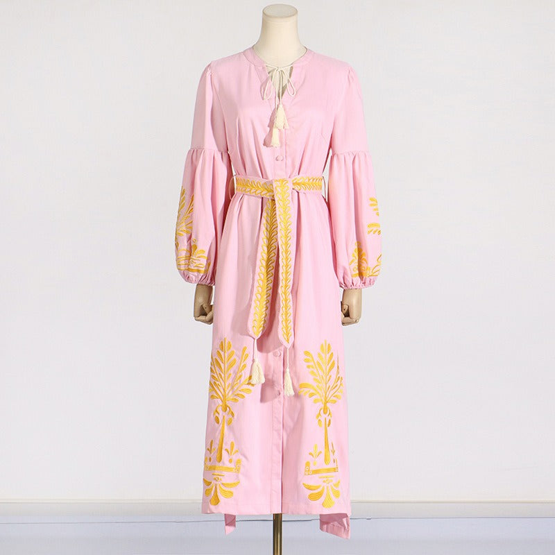 Literary retro style waist slimming lantern sleeve long dress printed lace-up long dress