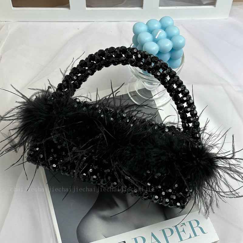 Pearl bead bag with Ostrich feather fur designer brand Clear Acrylic crystal stone box tote handbag women handmade party purse