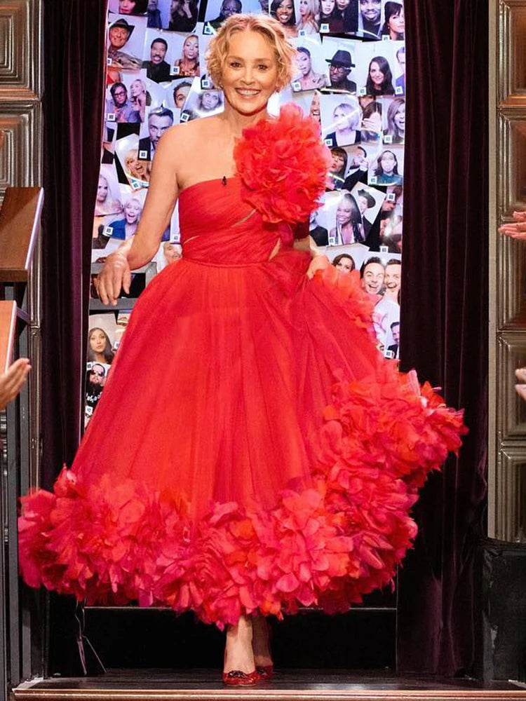 Elegant red sleeveless long gown with diagonal collar for women, perfect for holiday parties like Christmas and New Year by eprolo.