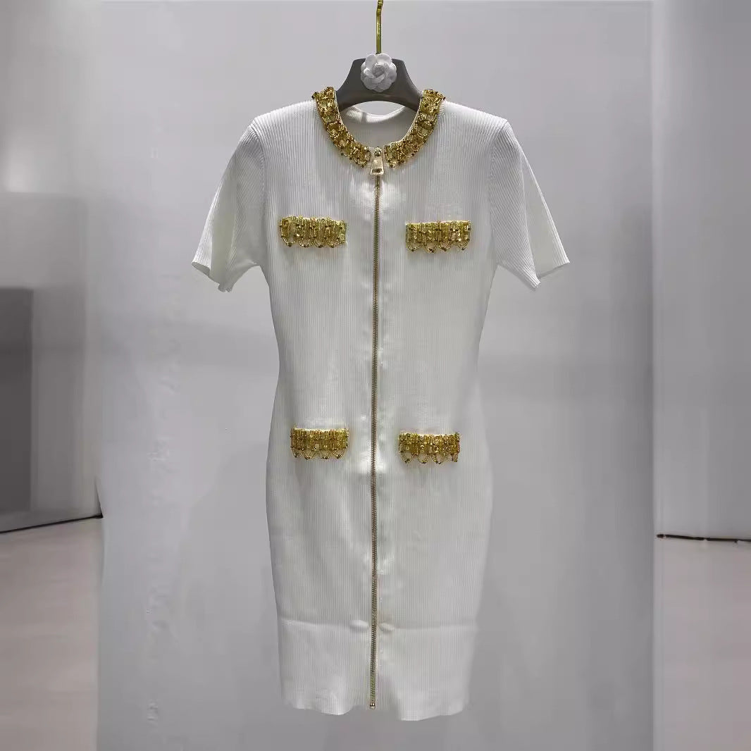 Golden nail bead sequin chain short sleeved dress for women with slim fit and goddess style