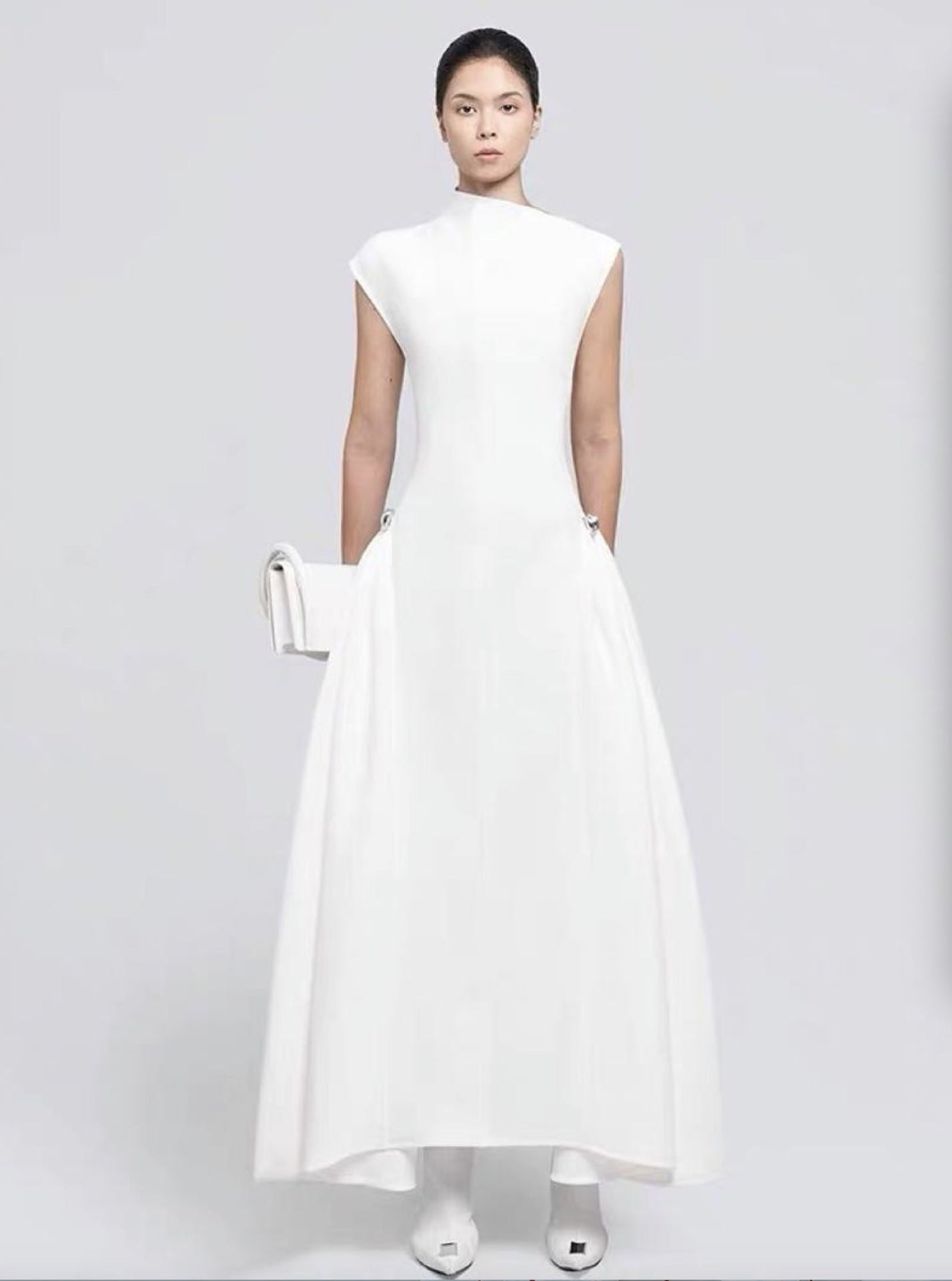 Solid Color Sleeveless A-Line Maxi Dress for Women, High Waist, Elegan