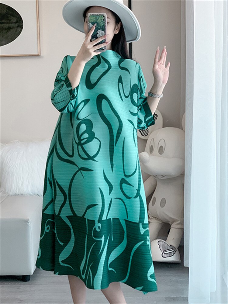 Miyake Pleated Spring New Women's French Fashion Print Dress Loose And Thin Belly-Covering Long Skirt