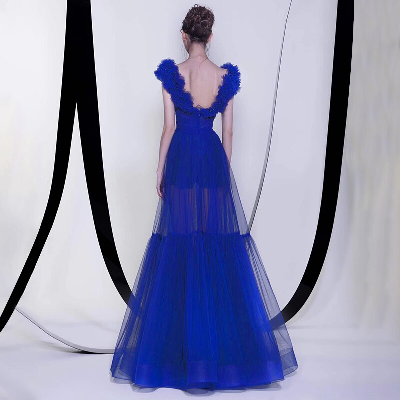 Trendy Appliques Design Blue Long Dress Women Sexy Deep V Neck Celebrity Party Club Dress