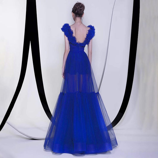 Trendy Appliques Design Blue Long Dress Women Sexy Deep V Neck Celebrity Party Club Dress