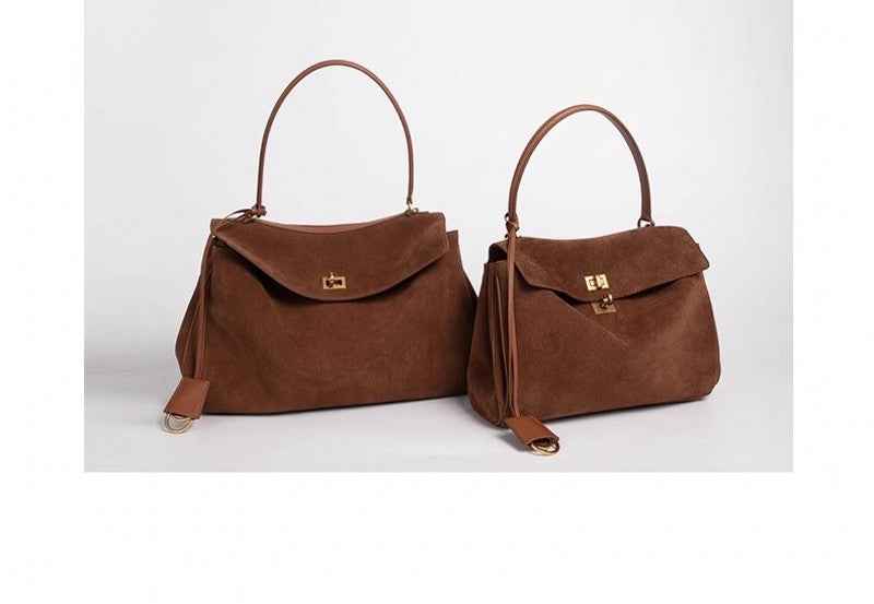Vintage Autumn Winter Suede Matte Tote Bag, Elegant Shoulder Crossbody Kelly Bag for Women, Large Capacity Commuter Underarm Bag