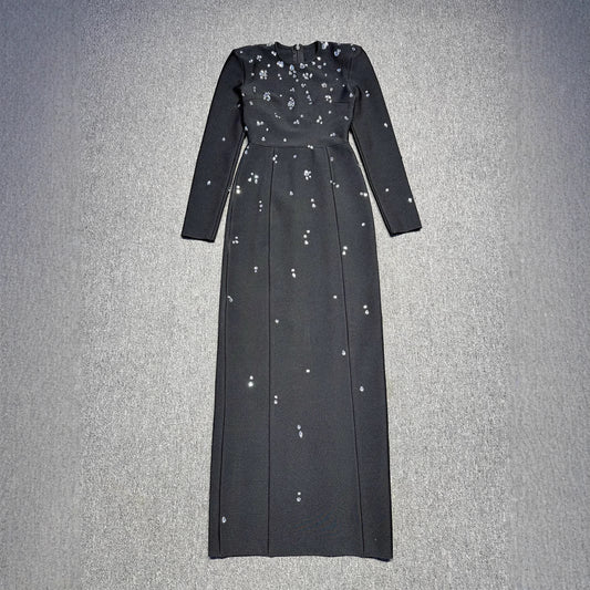 Elegant long evening dress with heavy-duty beading diamond inlay long-sleeved and bandage style