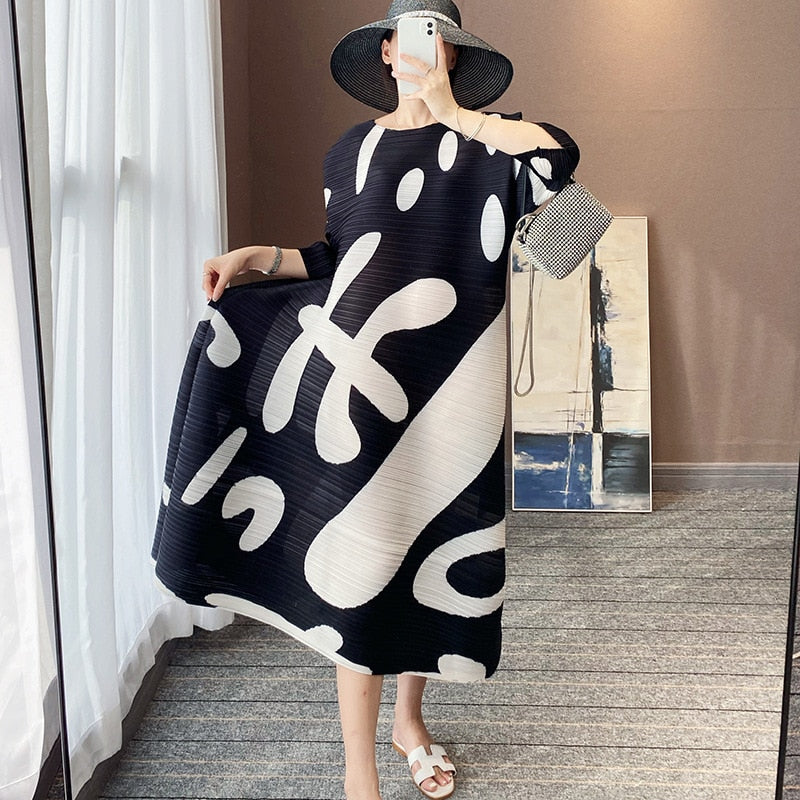 Pleated Dress Horizontal Pleated Elastic Print Loose Large Size Cover Belly All-Match Bottoming Skirt