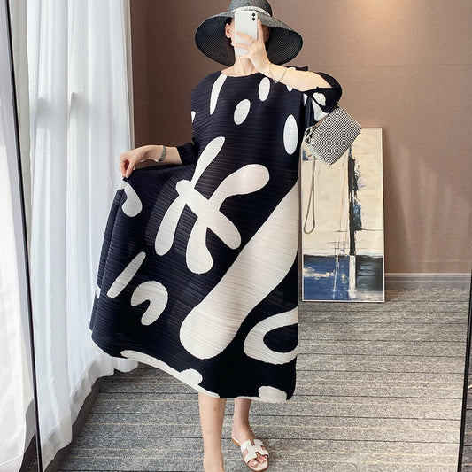 Pleated Dress Horizontal Pleated Elastic Print Loose Large Size Cover Belly All-Match Bottoming Skirt