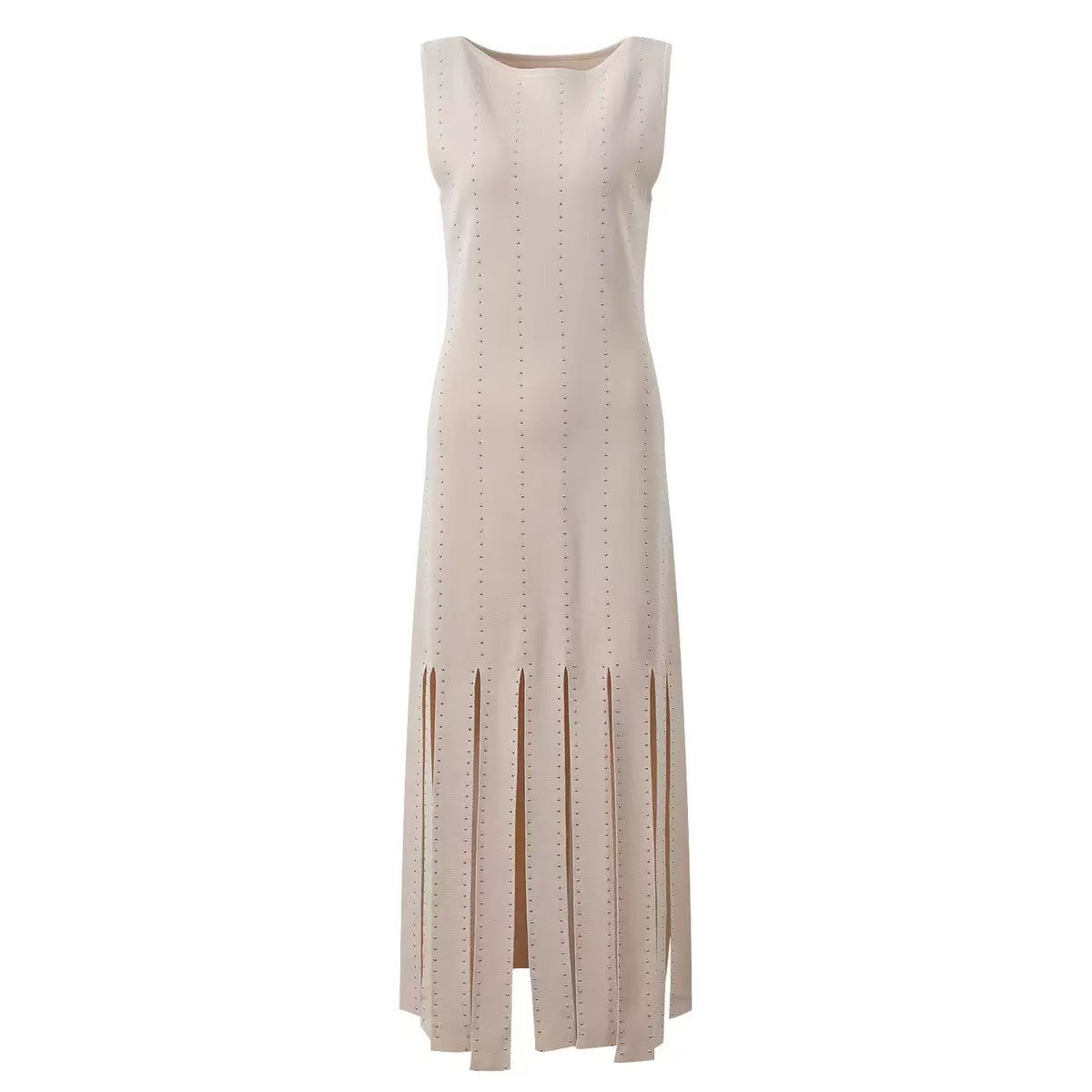 Elegant Beige Hem-Slit Knitted Dress with Embellished Beading, Vintage Style One-Piece Dress