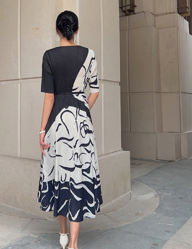 Medium Length Pleated Print Dress