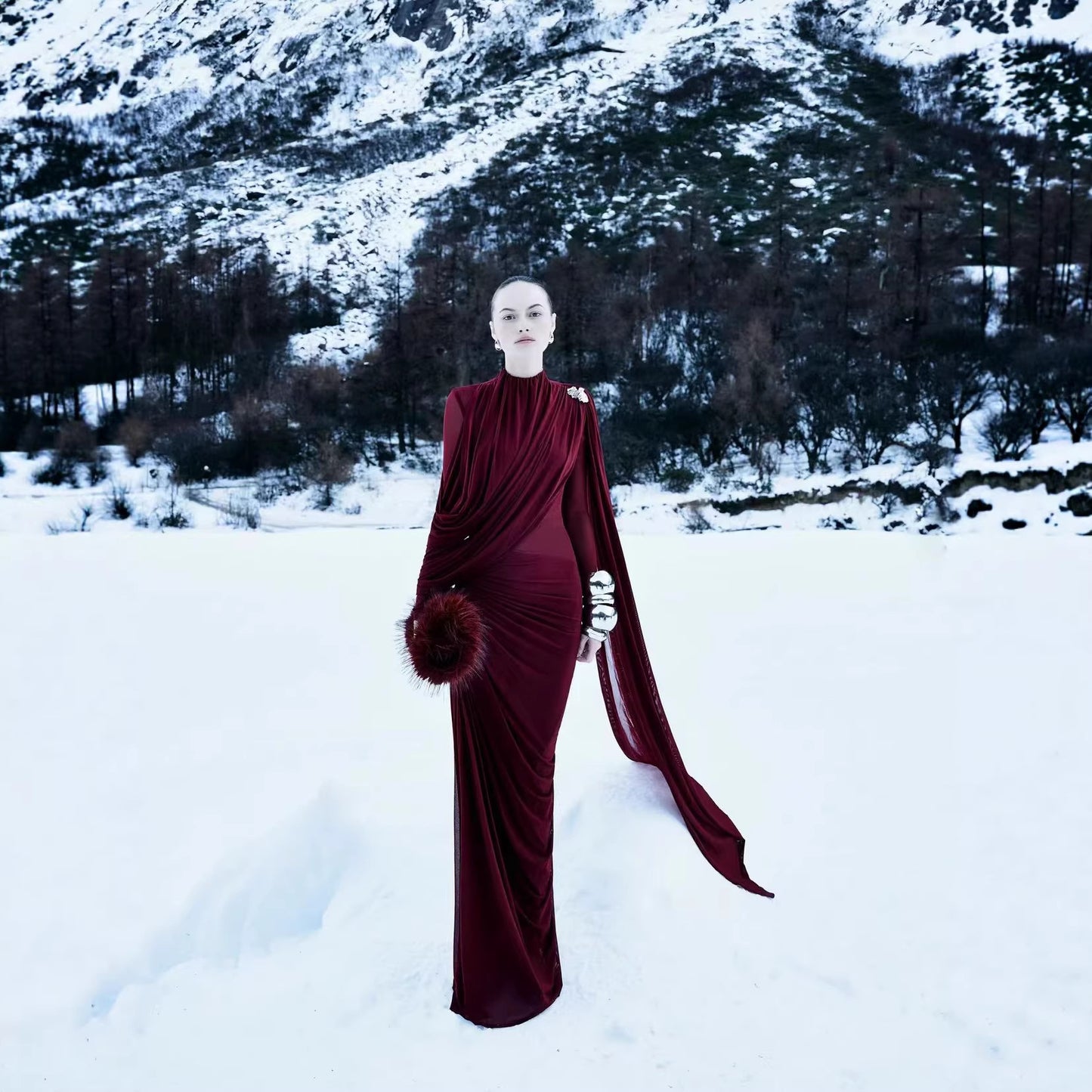 Red high neck pleated metal decorative cape dress