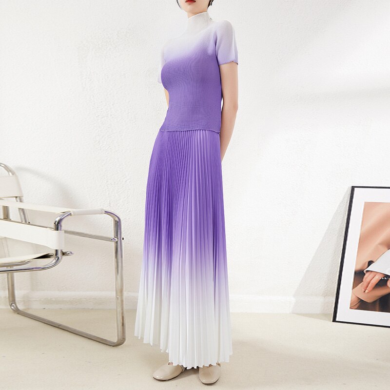 New Pleated Temperament One Size Gradient Color Super Elastic All-Match Top Skirt Waist Large Size Suit