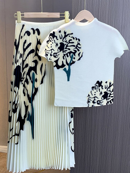 Cause Pleated T-shirt Round Neck Short Printed Flower Tops High Waist Fold Fashion Skirts  Summer - CIANARA