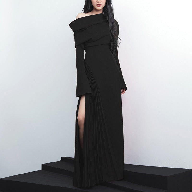 Vietnamese niche high-end stacked off shoulder dress women's autumn new collection waist cinching and slimming flared sleeves pleated long skirt