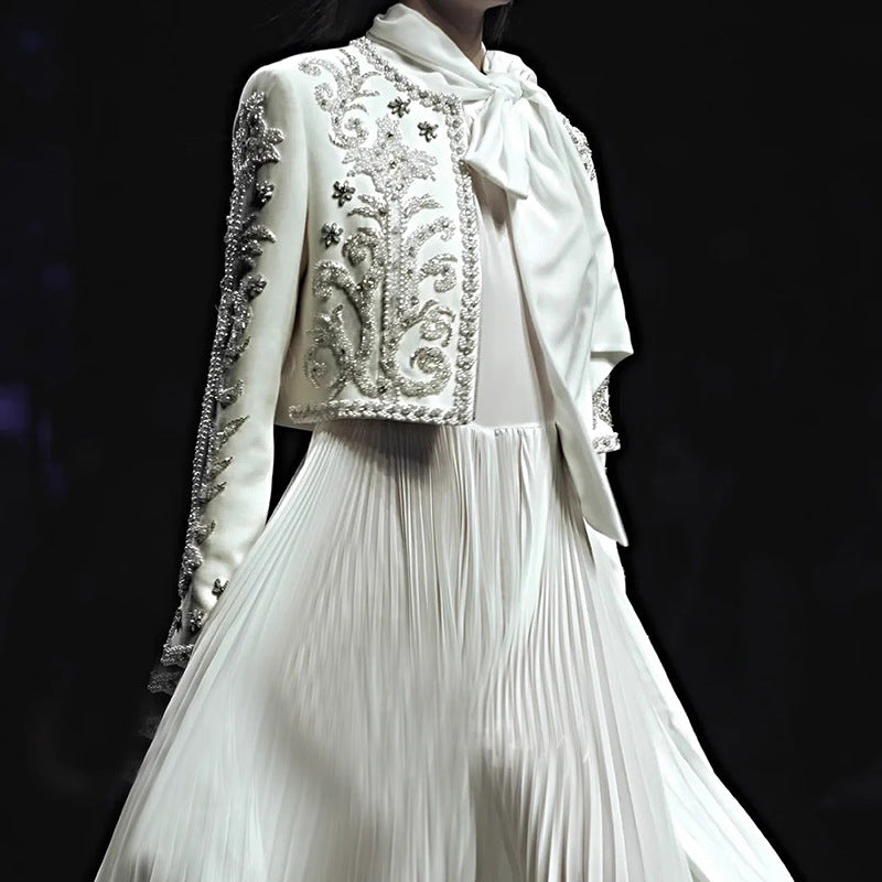 Style Heavy Embroidery Splicing Short Jacket + Pleated High Waist Skirt Set for Women